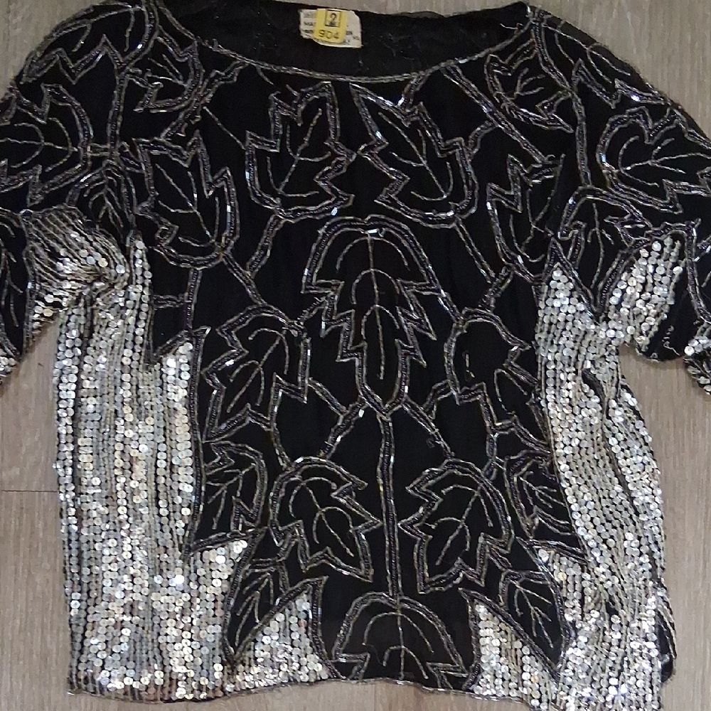 Sequin Leaf Pattern Black And Silver Top - image 1
